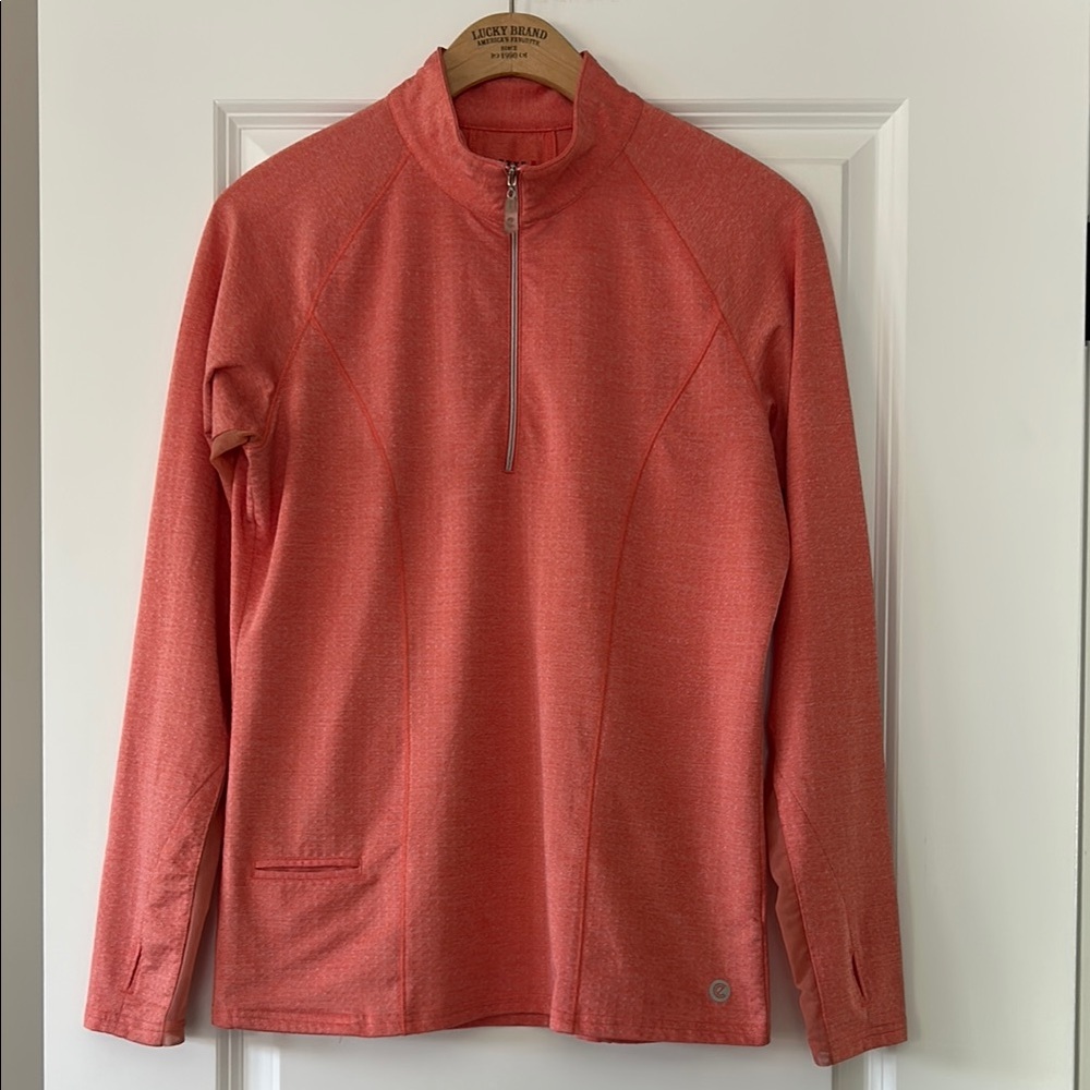 Bette & Court Coral Quarter-Zip Pullover w Mesh Sleeve Panels, Thumbholes Sz S